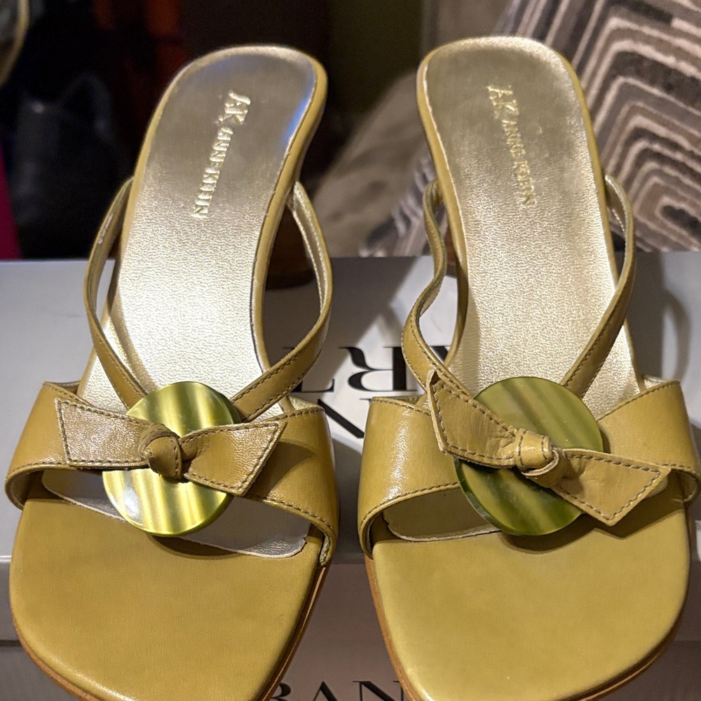 Anne Klein Olive Green Slide Mules with Round Buckle